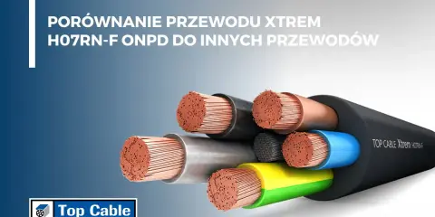 Przekroje przewodów elektrycznych na zewnątrz budynku, w tym TOP CABLE Xtrem H07RN-F, prezentujące miedziane żyły.