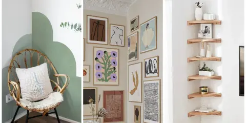 Idées pour habiller un angle de mur intérieur : fauteuil en rotin, galerie d'art murale, étagères d'angle en bois.