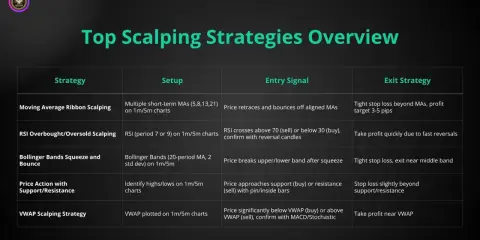 Tabela porównująca strategie scalpingowe: scalping co to, setup, sygnał wejścia i wyjścia.