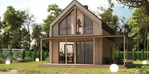 Nowoczesny dom szkieletowy 70m2 projekt w otoczeniu drzew. Jasna elewacja, duże okna, zadaszony taras.
