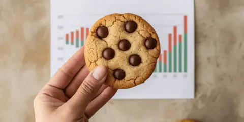 Une main tient un cookie aux pépites de chocolat devant un graphique. Le cookie ig bas est une récompense après une journée de travail.