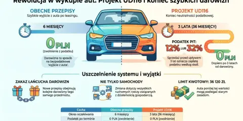 Porównanie przepisów: darowizna samochodu a sprzedaż. Obecnie 6 miesięcy i 0 PLN podatku, projekt UD116 to 3 lata i PIT 12-32%.