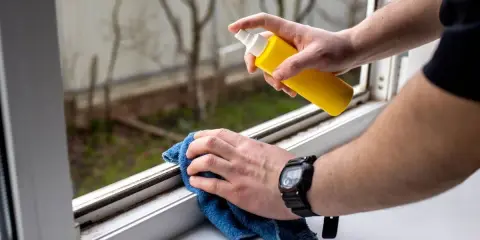 Persona rocía un limpiador en un marco de ventana sucio y usa un paño azul para limpiar moho y suciedad.
