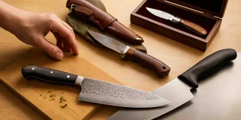 Variedad de cuchillos de cocina, incluyendo un cuchillo puntilla para que sirve en tareas delicadas.