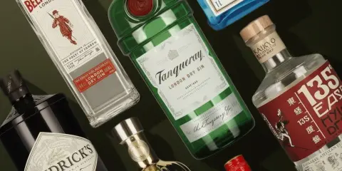 Verschiedene Gin-Flaschen, die den hohen alkoholgehalt gin tonic vs bier verdeutlichen.