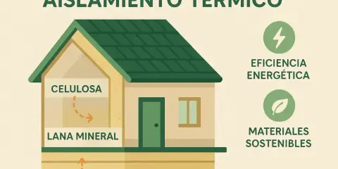 Casa **passive house** con aislamiento de celulosa y lana mineral, promoviendo eficiencia energética y materiales sostenibles.