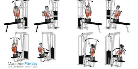 Mann und Frau trainieren Rückenmuskeln am Latzugturm im Gym. Ein effektiver pull workout für den Latissimus.
