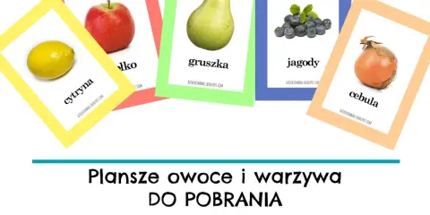 Kolorowe plansze z owocami i warzywami do druku: cytryna, jabłko, gruszka, jagody, cebula. Idealne do nauki dla dzieci.