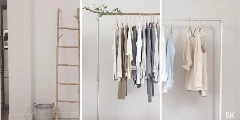 Idées de portant vêtement DIY : échelle en bois, portant en métal avec branche et portant minimaliste en tube.