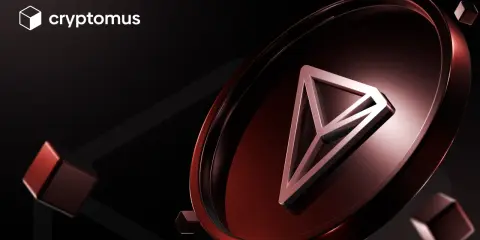 Logo cryptomus na tle z elementami TRC20.