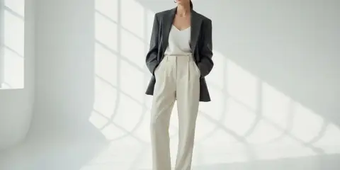 Modello indossa un tailleur beige con blazer grigio scuro. Un look elegante per ogni occasione.