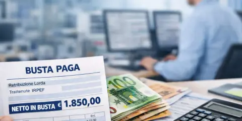 Busta paga con netto di 1.850,00€. La contabilità include la maggiorazione turno notturno, con euro e calcolatrice in primo piano.