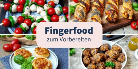 Vier Bilder zeigen köstliches, gesundes Fingerfood: Caprese-Spieße, herzhafte Teigschnecken, Hackbällchen und Blätterteigstangen mit Sesam und Mohn.