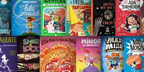 Colección de libros infantiles, ideales para niños de 9 años, con portadas coloridas y aventuras como "El hilo invisible" y "El tren fantasma".