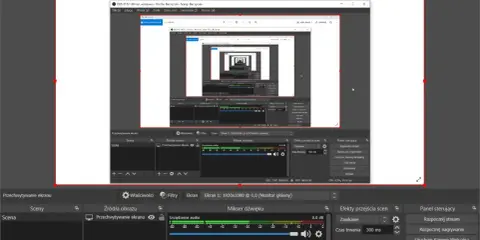 OBS Studio do nagrywania ekranu Windows. Widok programu z ustawieniami przechwytywania ekranu i mikserem dźwięku.