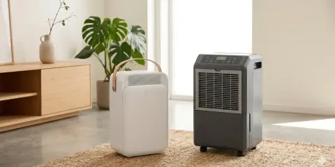 Dos tipos de deshumidificadores, uno blanco y portátil, otro gris con ruedas, en una sala de estar moderna.