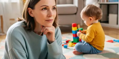 Kobieta na urlopie wychowawczym zamyślona, podczas gdy dziecko bawi się klockami. Czy to dobry czas na przedszkole?