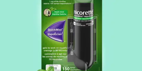 Nicorette QuickMist VapoÉclair: frische Minze, 1 mg Nikotin pro Sprühstoß, ca. 150 Sprühstöße. Hilft bei Rauchverlangen.