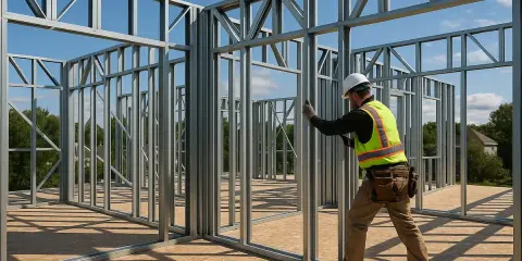 Obrero trabajando en la construccion steel framing de una casa. El sol ilumina la estructura metálica.