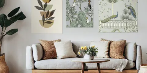 Trois cadres sont disposés sur un mur : un abstrait végétal, un jardin avec des oiseaux, et un autre avec des paons.