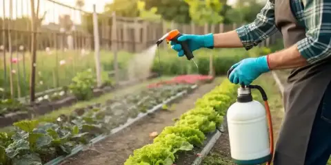Ogrodnik stosuje ekologiczny oprysk na chwasty w warzywach, dbając o zdrowie plonów.