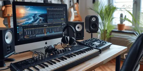 Bureau de musique avec écran affichant une table de mixage, clavier, casque et enceintes. Le port midi est prêt pour la création sonore.