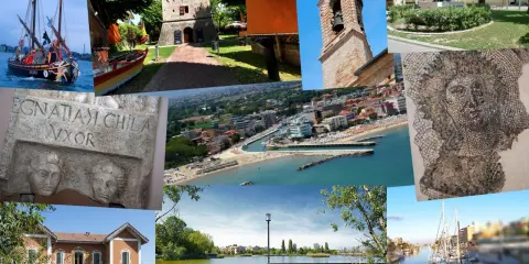 Bellaria Igea Marina: un collage di storia e mare. Barche a vela, un'antica torre, un mosaico romano, la spiaggia e un lago incorniciano la bellezza di questa località.