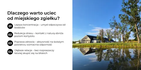 Sielankowa kraina z jeziorem i budynkiem hotelowym. Ucieczka od zgiełku miasta dla lepszej koncentracji i redukcji stresu.