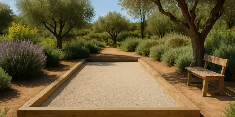 Terrain de pétanque en gravier, bordé de bois, sous des oliviers. La réglementation du jeu est respectée pour ce lieu paisible.