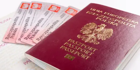 Polski paszport i kilka dowodów osobistych na białym tle.