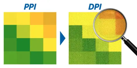 Confronto tra PPI e DPI: la lente d'ingrandimento rivela la qualità di stampa.