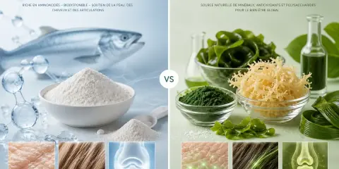 Collations marines et alternatives végétales, dont le collagène végétal issu d'algues, pour la peau, les cheveux et les articulations.