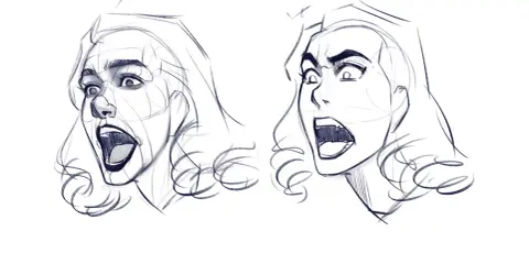 Dos dibujos de personas con expresiones de sorpresa o grito, bocetos a lápiz con líneas de construcción visibles.