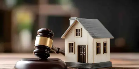 Marteau de juge et maison miniature, symbolisant une décision de justice immobilière. Respecter le loi scrivener délai est crucial.