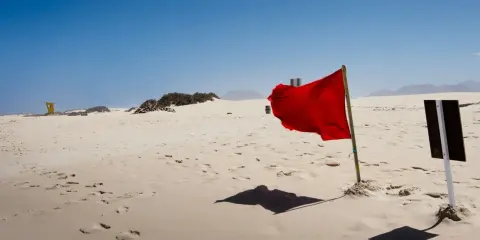 Czerwone flagi u faceta na plaży ostrzegają przed niebezpiecznymi falami. Piasek i błękitne niebo tworzą pustynny krajobraz.