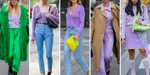 Cinque donne sfoggiano look con abbinamento lilla e blu, tra cui jeans chiari, maglioncini e cappotti colorati.