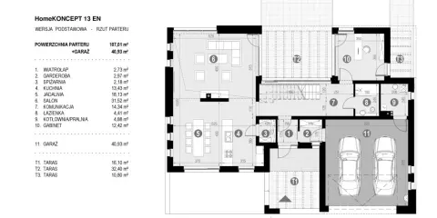 Rzut parteru domu HomeKONCEPT 13 EN. Porównanie powierzchni zabudowy (garaż 40,93 m²) z powierzchnią użytkową poszczególnych pomieszczeń.