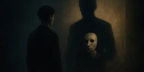 Mężczyzna patrzy na swój cień, który trzyma maskę. To symboliczne ujęcie cienia Junga, ukazujące ukryte aspekty osobowości.