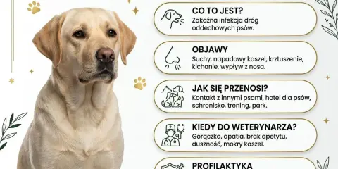 Labrador z objawami kaszlu kenelowego u psa: suchy kaszel, kichanie, wypływ z nosa. Informacje o chorobie i profilaktyce.