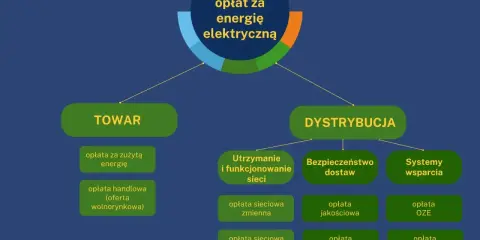 Schemat składników opłat za energię elektryczną, np. w taryfie C11 Enea. Podział na "TOWAR" i "DYSTRYBUCJĘ".