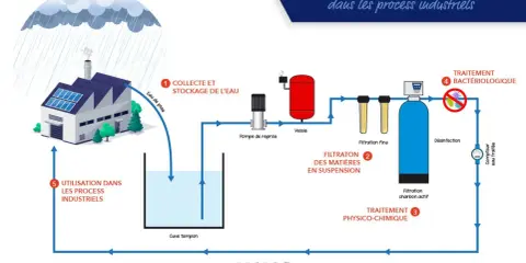 Schéma du traitement des eaux de pluie pour usage industriel : collecte, filtration, désinfection. L'eau de pluie potable est ainsi valorisée.