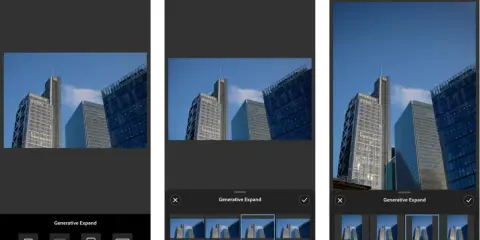 Edytor w **Lightroom web** pozwala na rozszerzenie zdjęcia budynków dzięki Generative Expand. Widzimy różne propozycje rozszerzenia kadru.