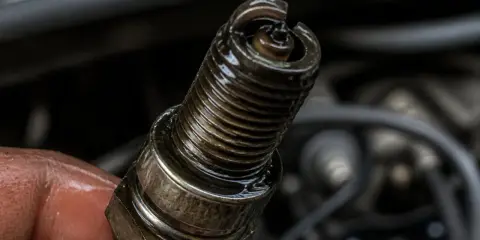 Bougie d'allumage d'un moteur 2 temps qui se noie, couverte d'huile.