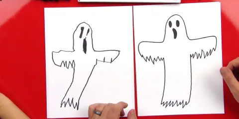 Dwa proste rysunki duchów dla dzieci. Jeden duch ma wyciągnięte ręce, drugi jest bardziej statyczny.