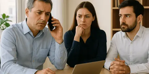 Trois personnes, visiblement préoccupées, discutent autour d'un ordinateur. L'homme au téléphone semble attendre une réponse du syndic.