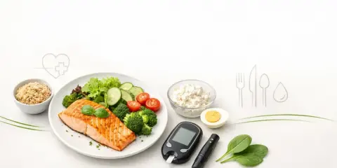 Zdrowy posiłek z łososiem, warzywami i jajkiem, glukometr i lancet. Idealne przepisy na dietę cukrzycową.
