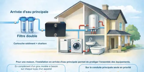 Installation d'un système anti calcaire magnétique pour prévenir la formation du calcaire dans une maison, avec filtre double et appareil Max Power.