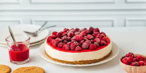 Un délicieux cheesecake framboise, garni de fruits rouges givrés, prêt à être dégusté avec un coulis et des biscuits.