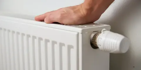 Mano tocando un radiador blanco, listo para cuando encender la calefacción. Termostato visible.