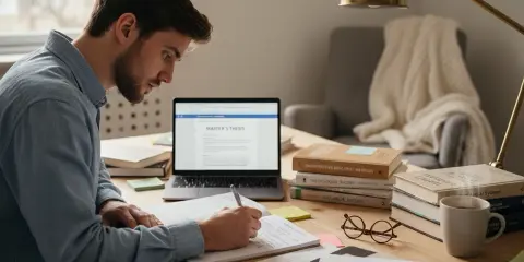 Mężczyzna pisze pracę magisterską na laptopie, notując w zeszycie. Tak wygląda rozprawa zdalna.